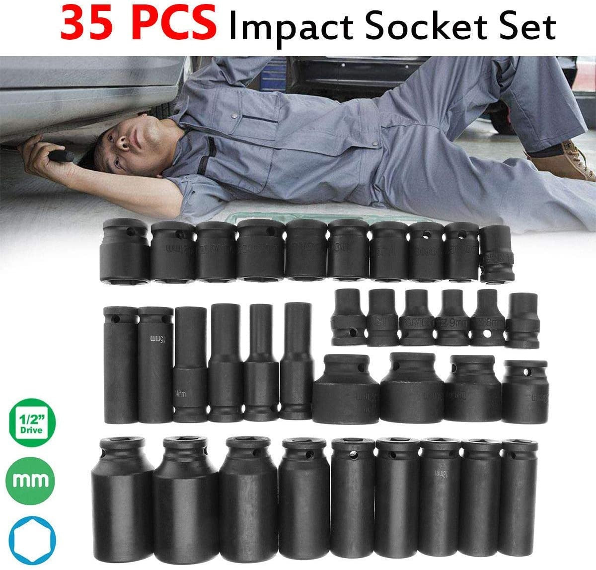 SET OF IMPACT SOCKETS LONG AND SHORT | CR-MO | 8 - 32 MM | 35 PCS. (SS35M)