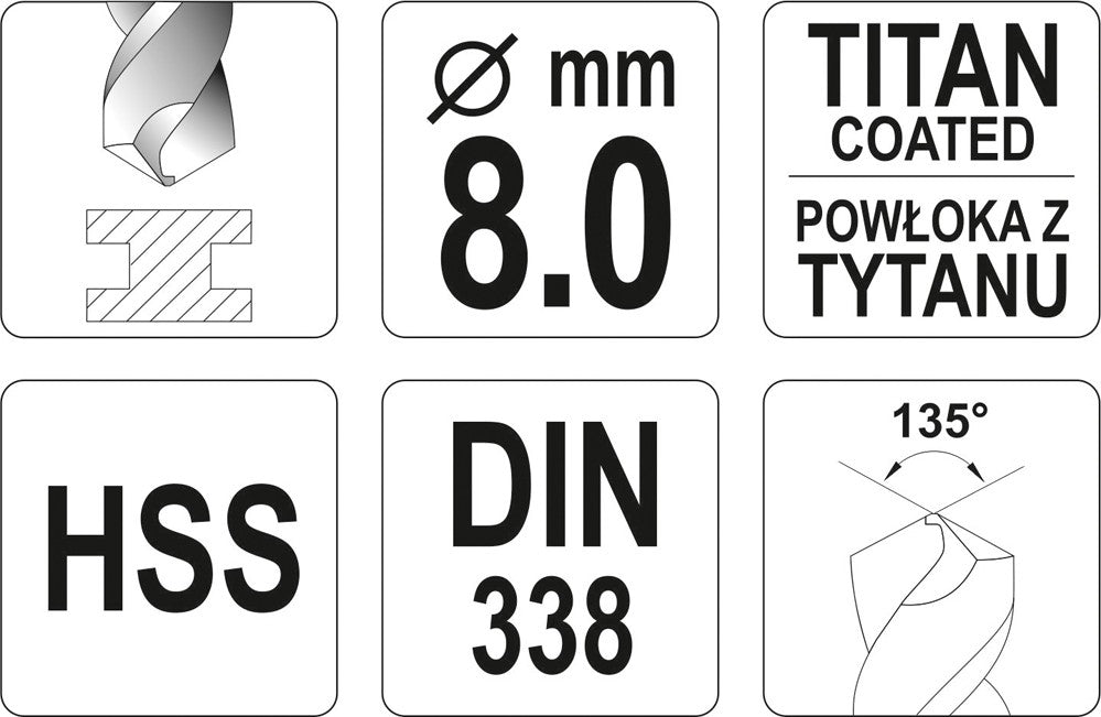 TWIST DRILL BIT HSS-TIN 8 MM (YT-44658)