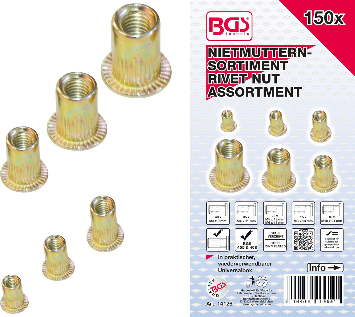RIVET NUTS ASSORTMENT | GALVANIZED STEEL | 150 PCS. (14126)