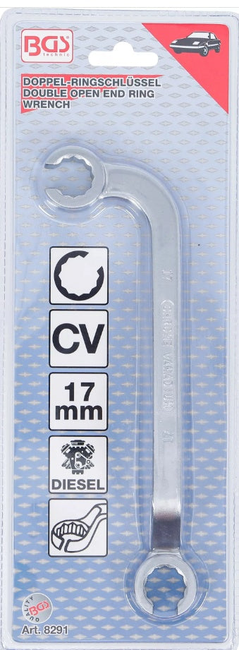 DOUBLE RING SPANNER, OPEN | FOR DIESEL INJECTOR PIPES | 17 MM (8291)