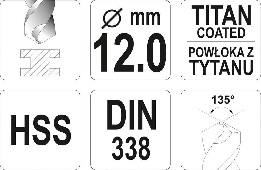 TWIST DRILL BIT HSS-TIN 12 MM (YT-44666)