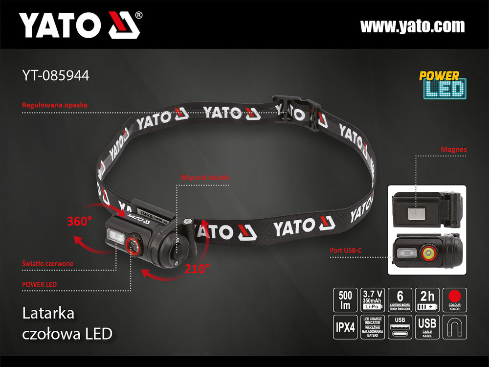 HEADLAMP 500LM, RECHARGEABLE (YT-085944)