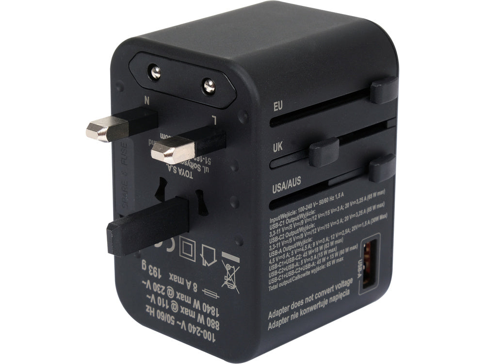 TRAVEL ADAPTER UNIV. USB, USB-C 65W (YT-81303)