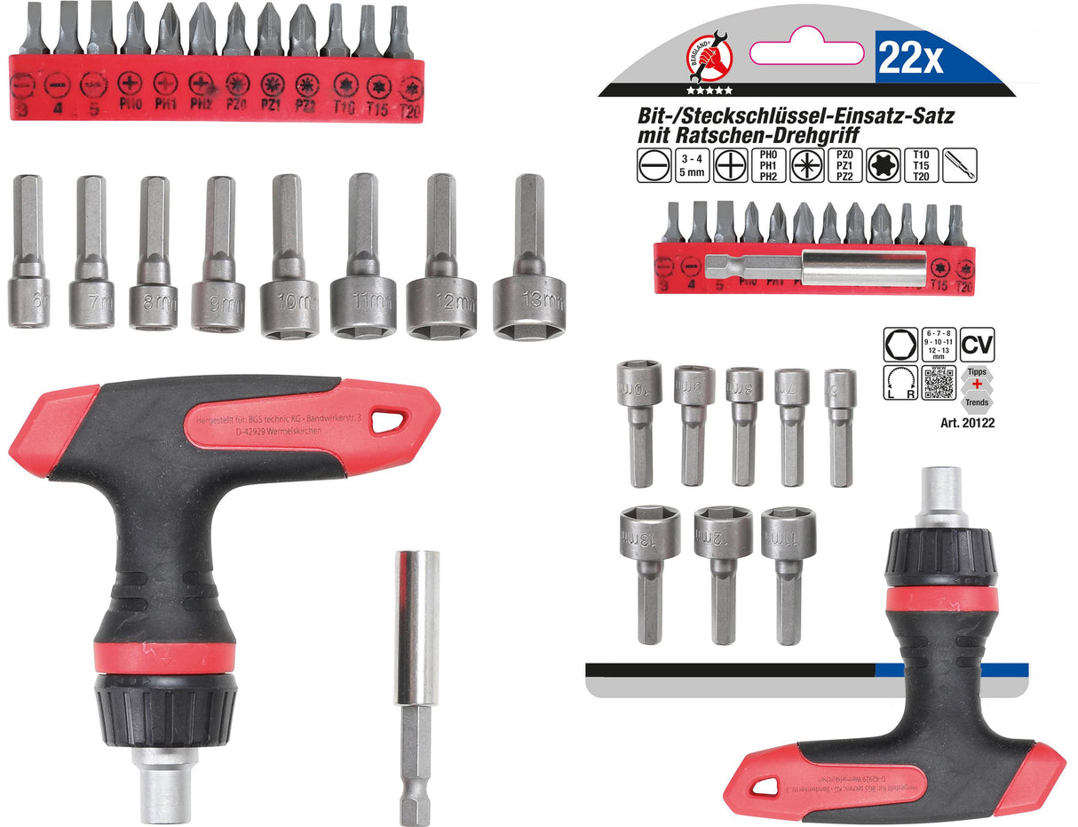 BIT / SOCKET SET | WITH RATCHET T-HANDLE FOR BITS, REVERSIBLE | 22 PCS. (20122)