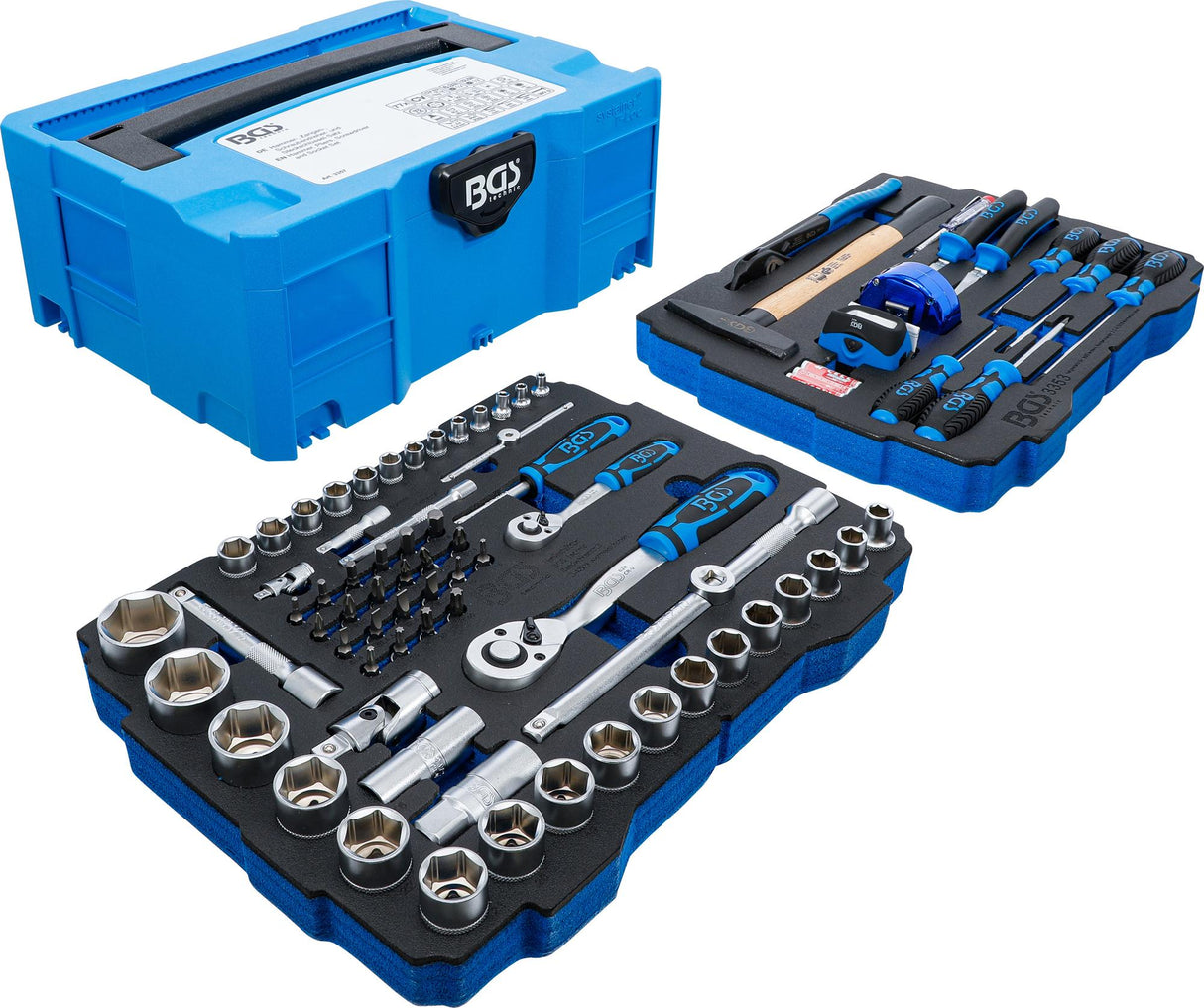 SOCKET, HAMMER, PLIERS, SCREWDRIVER SET | 6.3 MM (1/4") / 12.5 MM (1/2") | BGS SYSTAINER® | 77 PCS. (3357)
