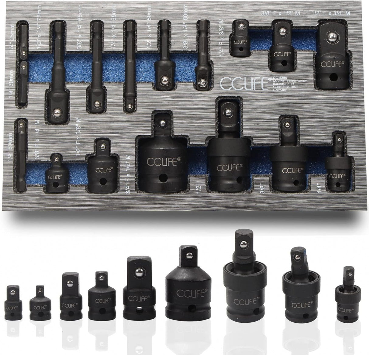 IMPACT ADAPTER AND UNIVERSAL JOINT SET | CR-MO | 17 PCS. (H640617)