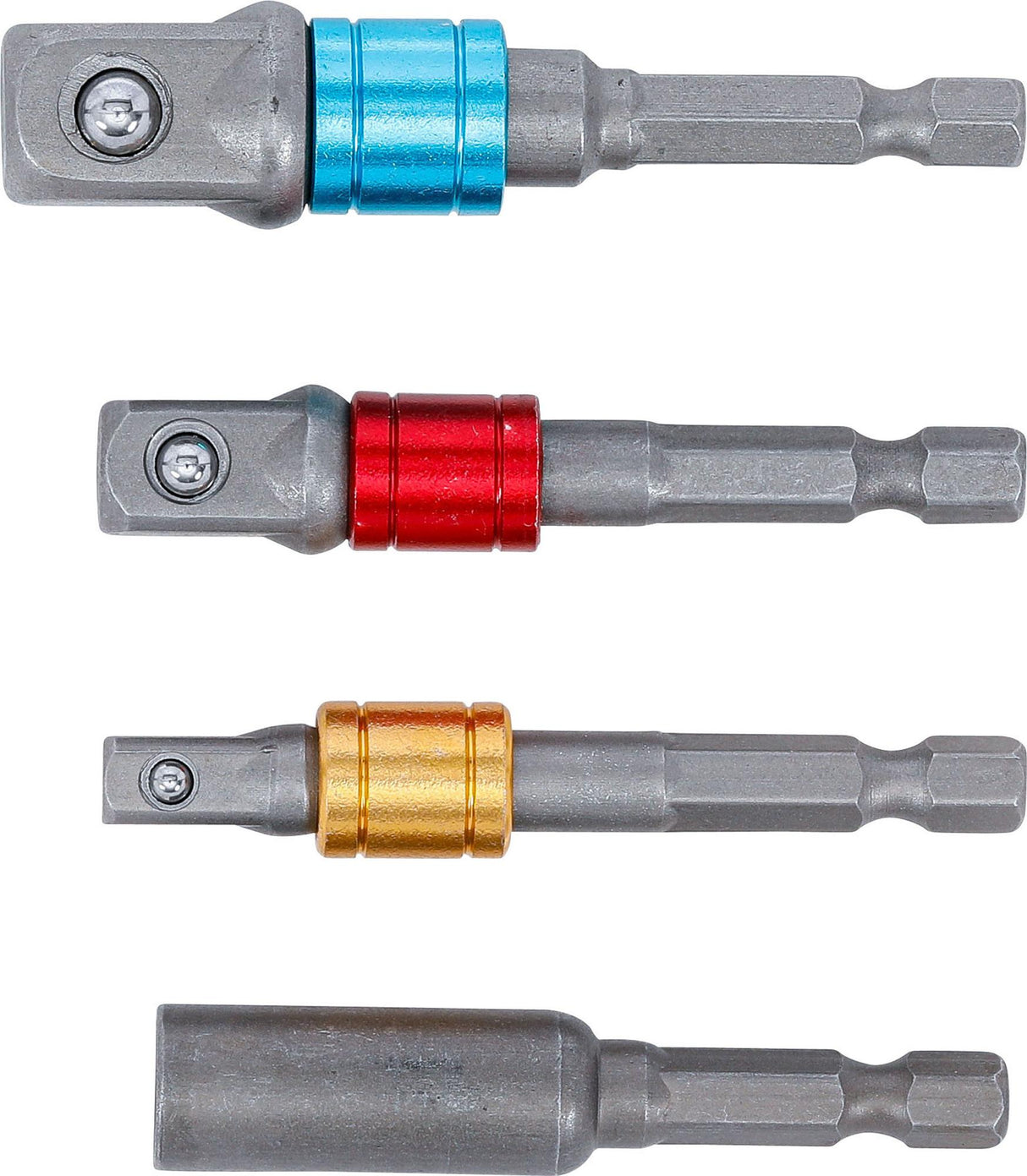 ELECTRIC DRILL ADAPTOR SET | COLOURED | 6.3 MM (1/4") DRIVE | 6.3 MM (1/4"), 10 MM (3/8"), 12.5 MM (1/2"), INTERNAL HEXAGON 6.3 MM (1/4") | 4 PCS. (20814)