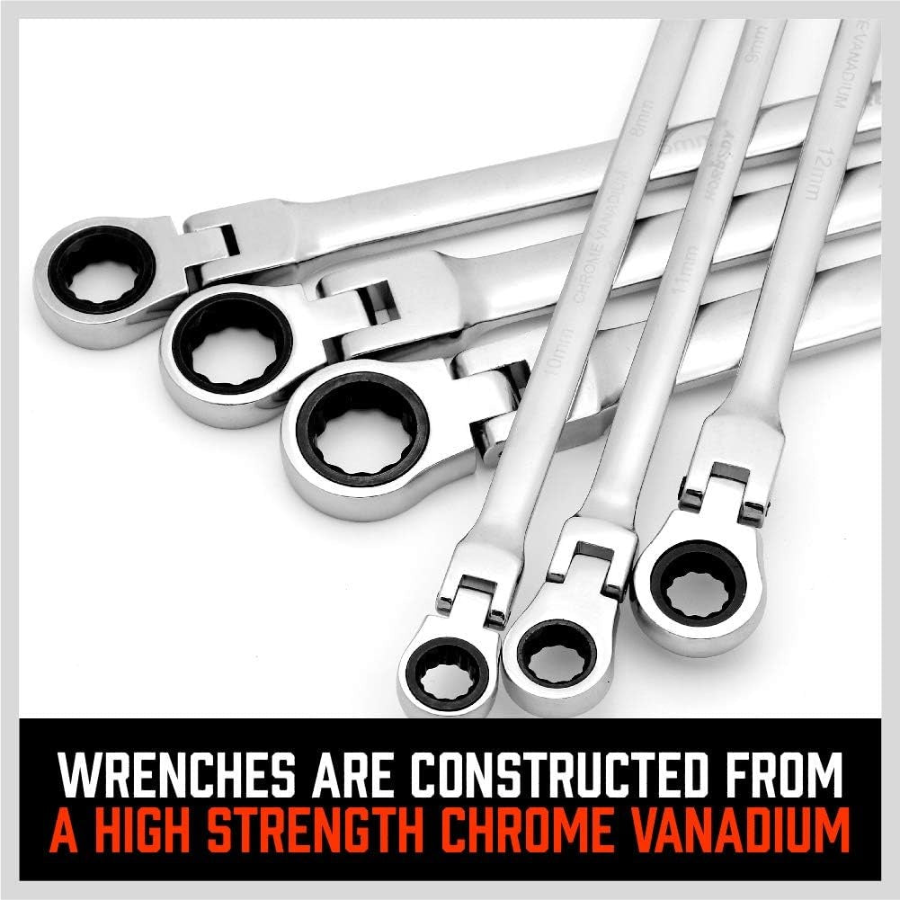 DOUBLE-SIDED LONG RATCHET WRENCHES | FLEX HEAD | WITH ADAPTERS | 8X9 - 17X19 MM | 10 PCS. (FMT10)