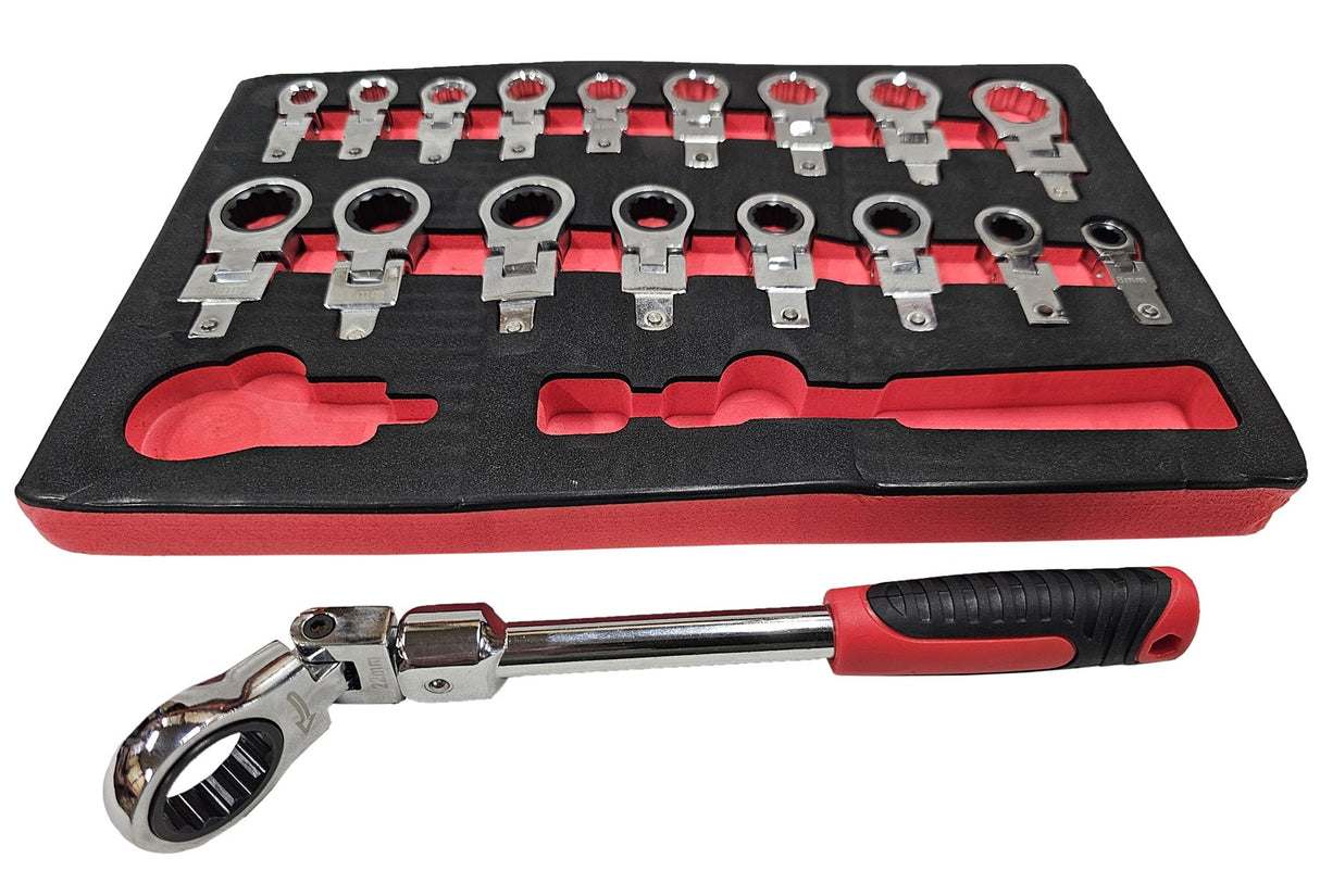 SET OF INSERTED FLEX RING WRENCHES | RATCHETING / STANDARD | 8 - 22 MM | 19 PCS. (RWS19)