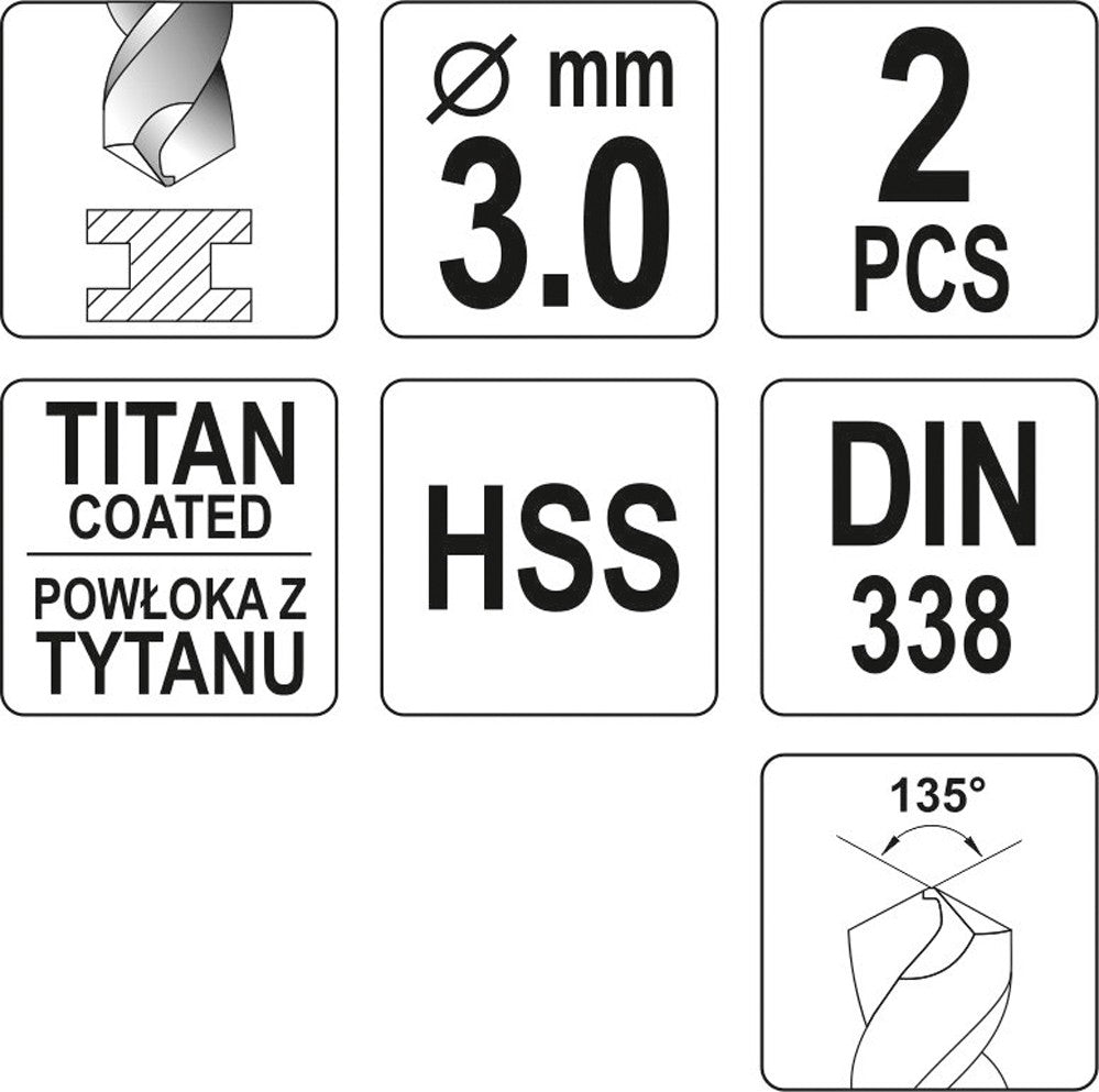Metalliporanterä HSS-TIN 3,0 mm, 2 kpl (YT-44635)