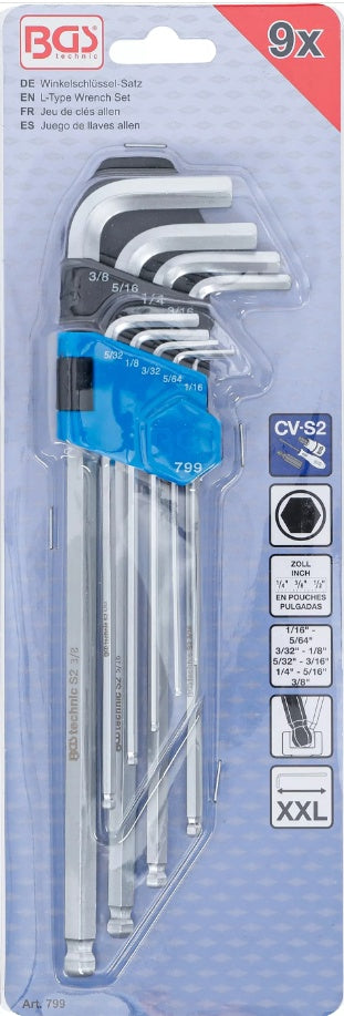 L-TYPE WRENCH SET | INCH SIZES | INTERNAL HEXAGON / INTERNAL HEXAGON WITH BALL HEAD 1/16" - 3/8" | 9 PCS. (799)