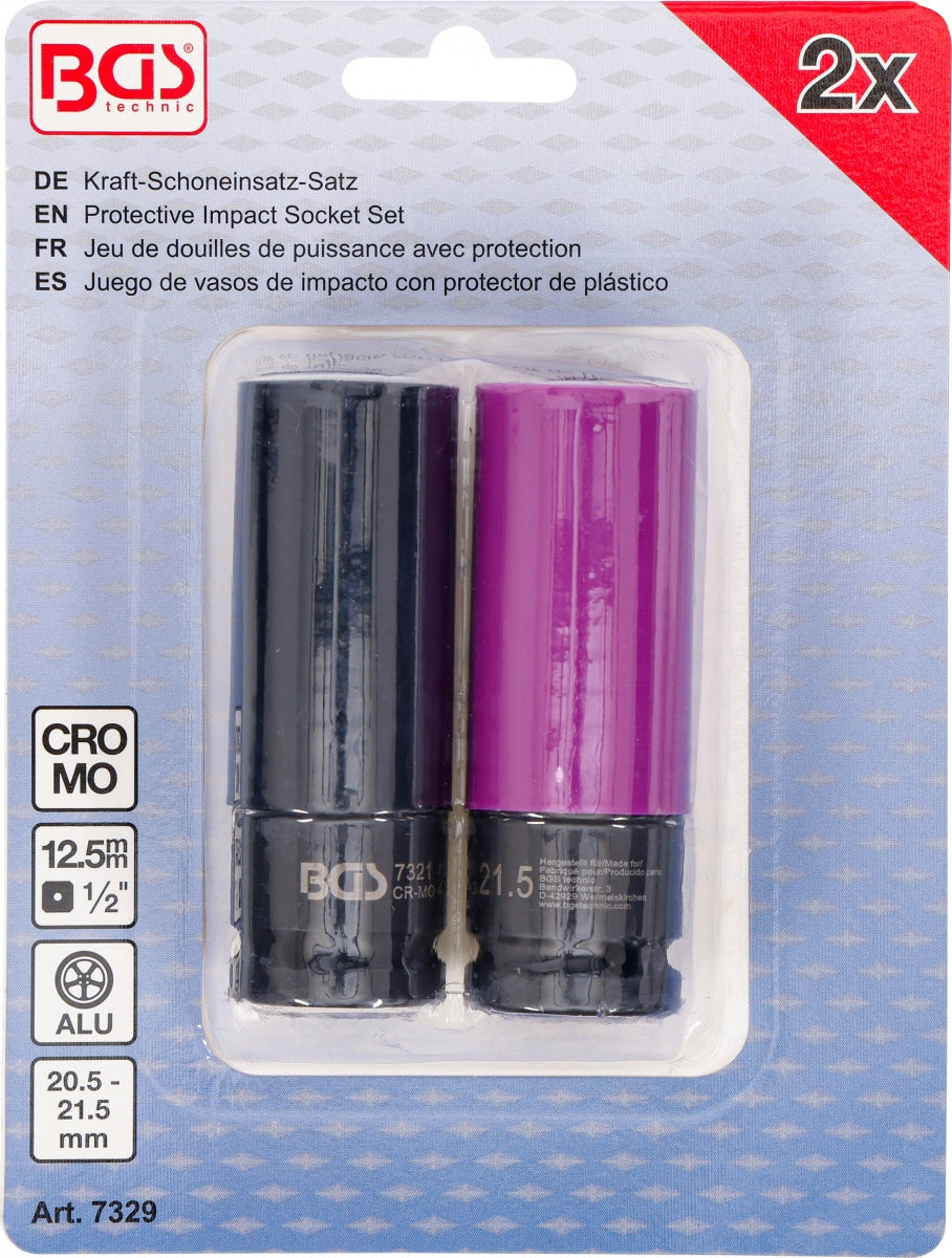 IMPACT SOCKET SET, LONG, THIN-WALLED | WITH PLASTIC PROTECTION | 12.5 MM (1/2") | 20.5 + 21.5 MM | 2 PCS (7329)