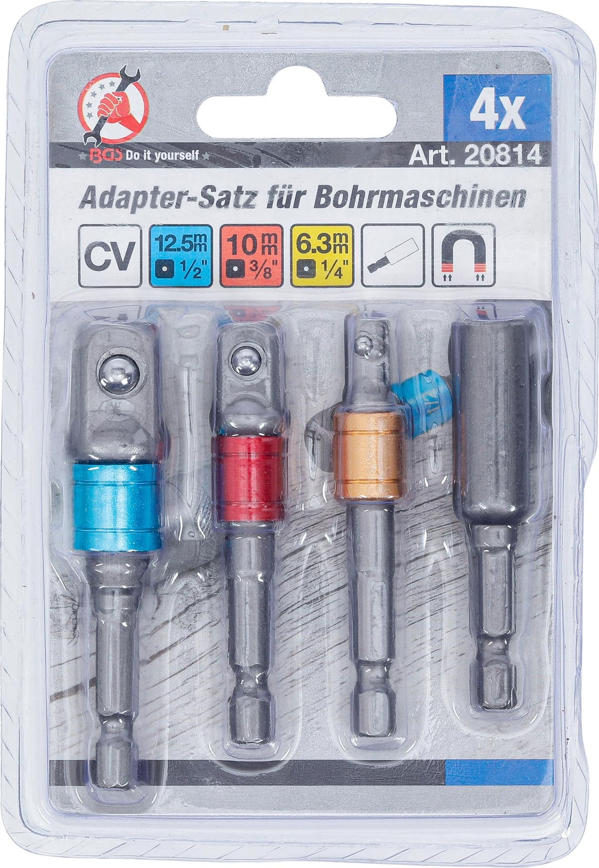 ELECTRIC DRILL ADAPTOR SET | COLOURED | 6.3 MM (1/4") DRIVE | 6.3 MM (1/4"), 10 MM (3/8"), 12.5 MM (1/2"), INTERNAL HEXAGON 6.3 MM (1/4") | 4 PCS. (20814)