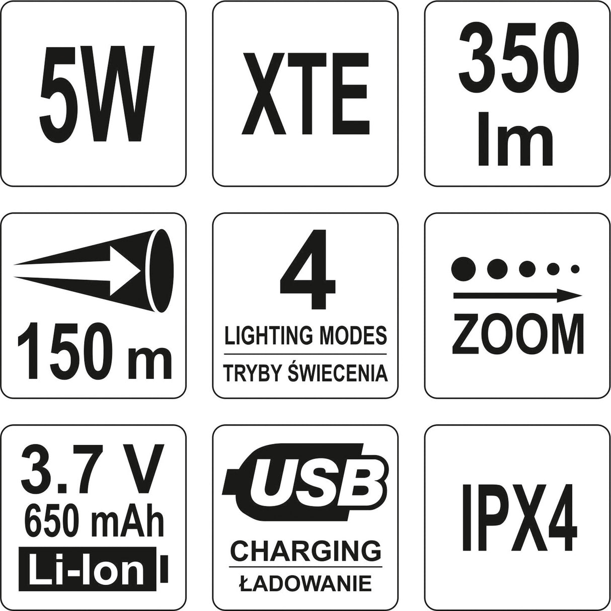 FLASHLIGHT 5W USB, 94X27MM (YT-08569)