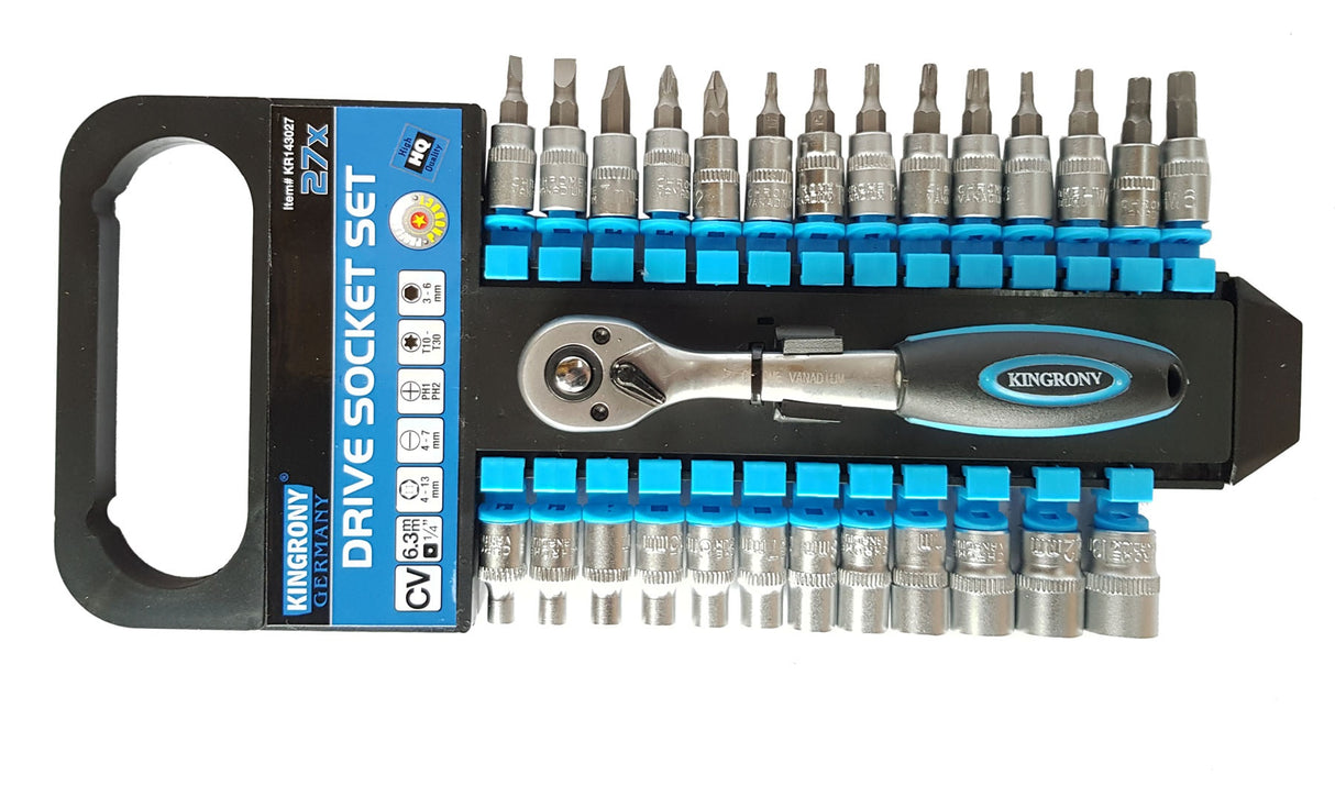 SOCKET AND BIT SET WITH RATCHET | 6.3 MM (1/4") | 4-13 MM | 27 PCS. (KR143027)