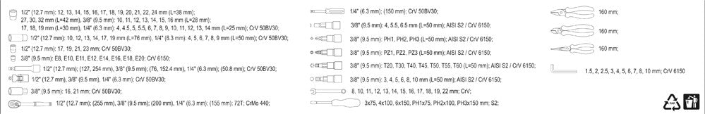 SOCKET SET 1/4", 3/8", 1/2" 129PCS (YT-38881)