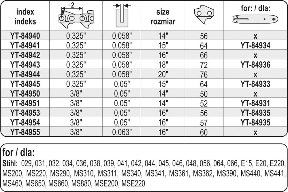 CHAIN FOR CHAINSAW 16" 3/8" 0.063" 60 TEETH (YT-84955)