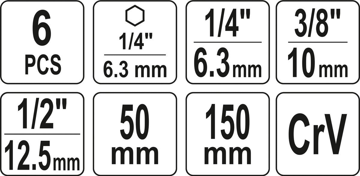 6PCS SOCK ADAP HEX SHA SET 1/4, 3/8, 1/2 (YT-04629)