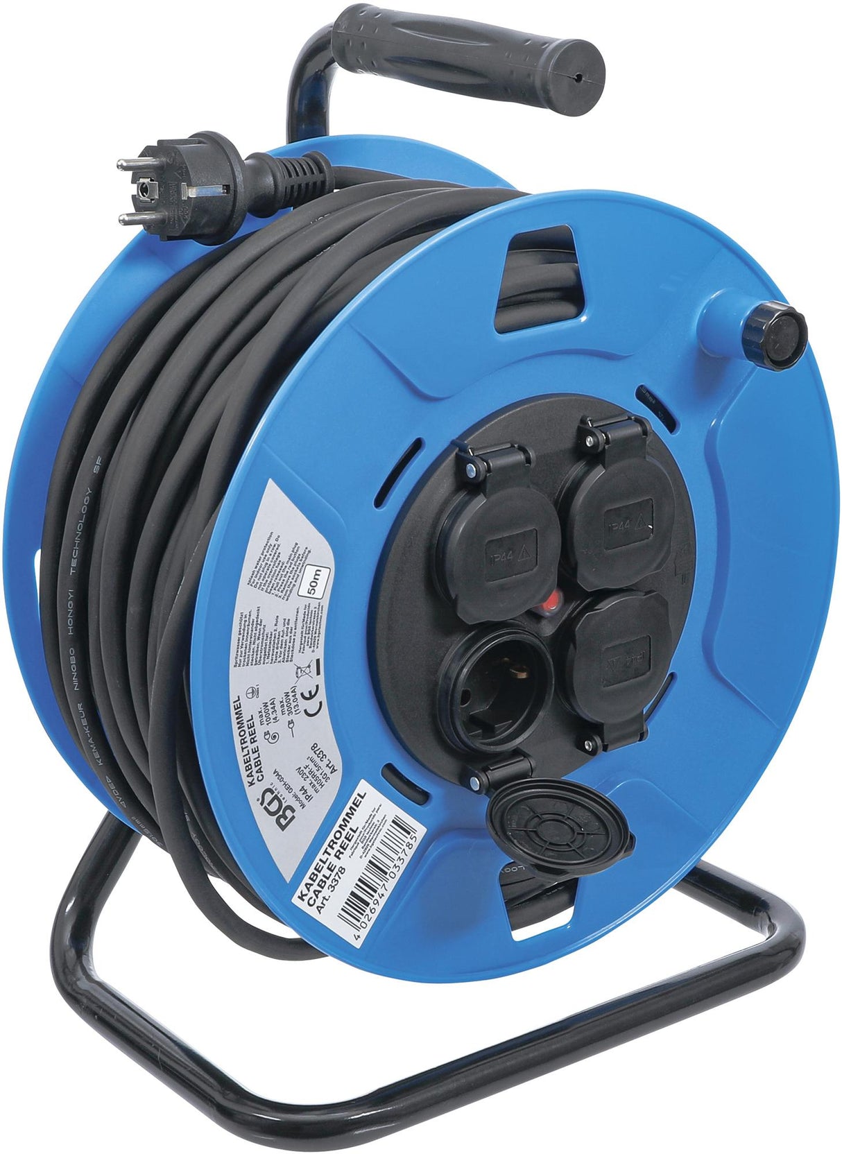 CABLE REEL | 50 M | 3 X 1.5 MM² | 4 SOCKET OUTLETS WITH SEALING CAP | IP 44 | 3500 W (3378)