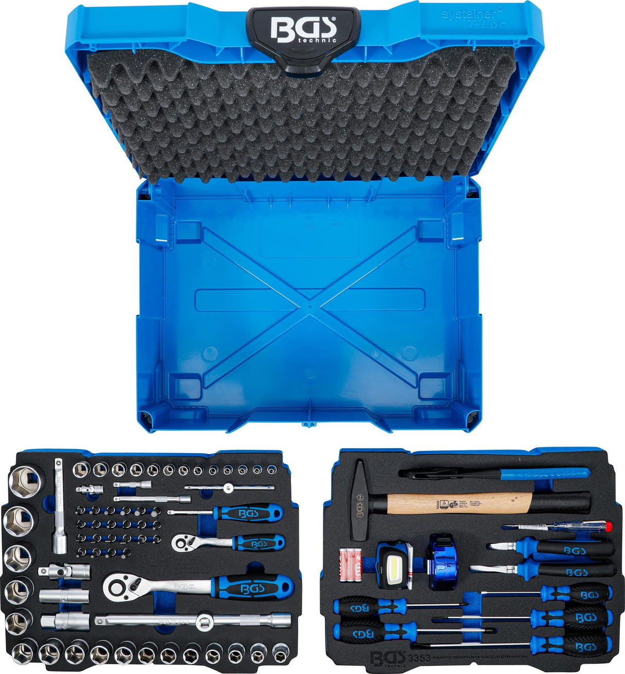 SOCKET, HAMMER, PLIERS, SCREWDRIVER SET | 6.3 MM (1/4") / 12.5 MM (1/2") | BGS SYSTAINER® | 77 PCS. (3357)