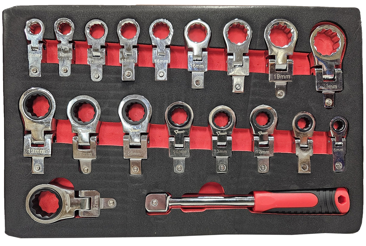 SET OF INSERTED FLEX RING WRENCHES | RATCHETING / STANDARD | 8 - 22 MM | 19 PCS. (RWS19)