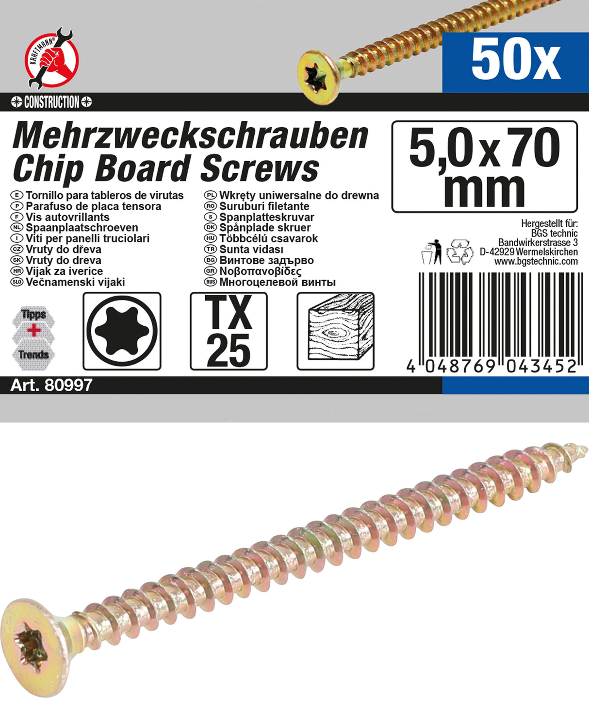 MULTI-PURPOSE SCREWS | T-STAR (FOR TORX) T25 | 5.0 X 70 MM | 50 PCS. (80997)