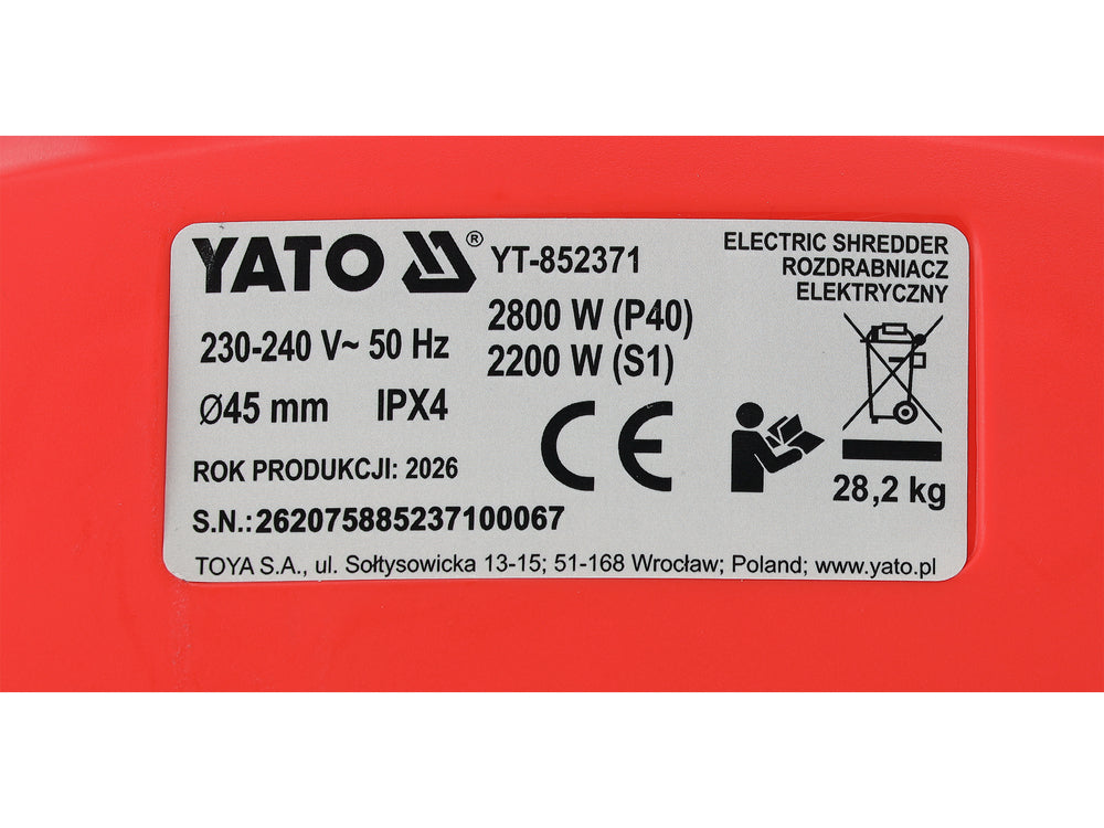 Vaikne elektriline okste purusti | 2800W | 45 mm | 55L (YT-852371)