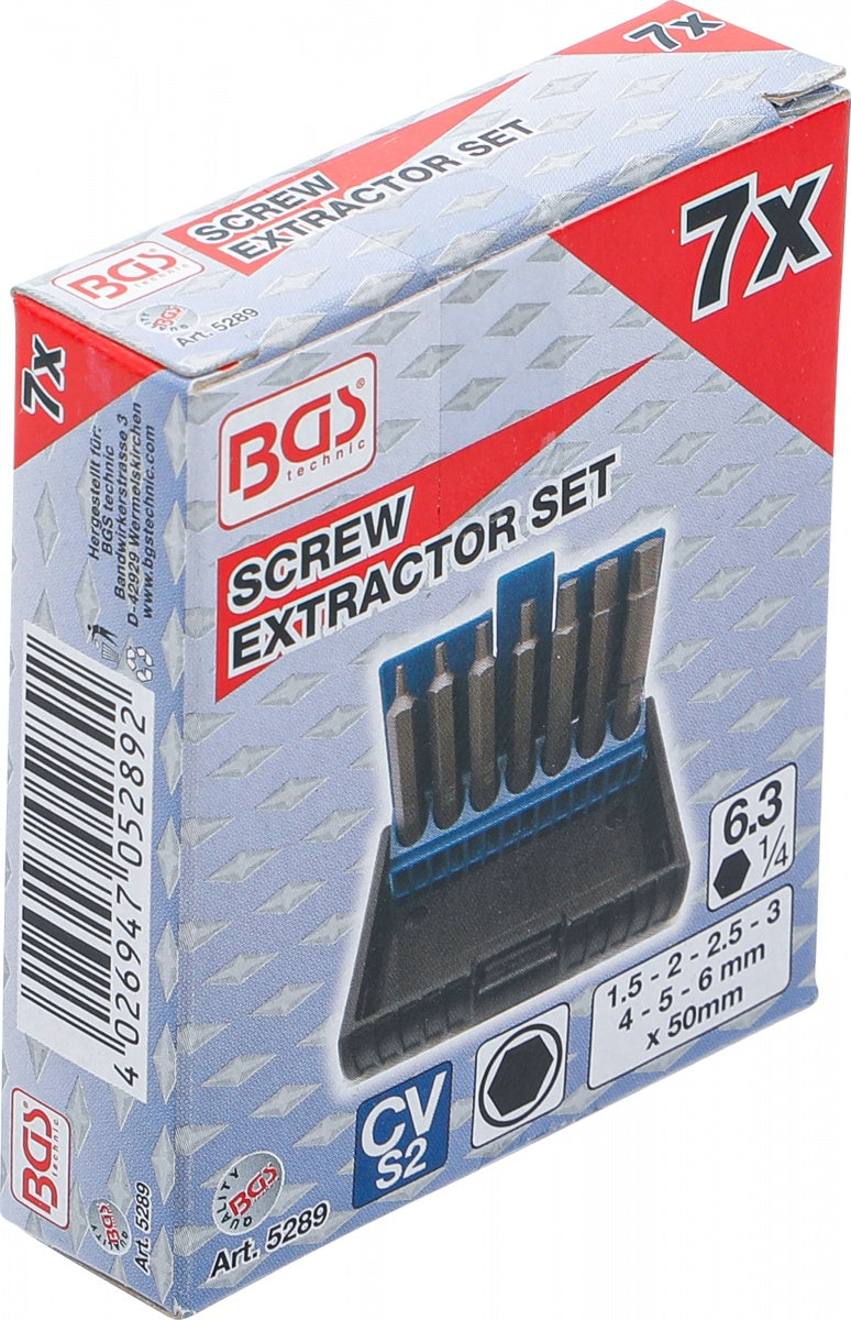 SCREW EXTRACTOR SET | FOR DAMAGED INTERNAL HEXAGON 1.5 - 6 MM | 7 PCS. (5289)