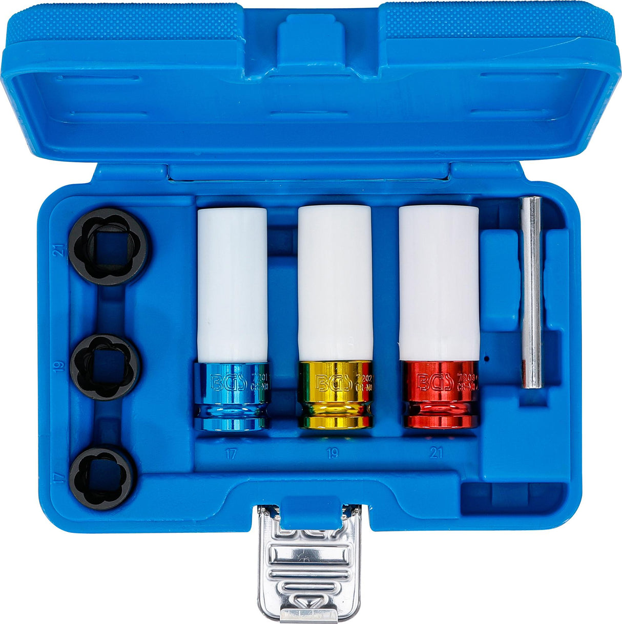 PROTECTIVE IMPACT SOCKET AND TWIST SOCKET SET (SPIRAL PROFILE) / SCREW EXTRACTOR | 12.5 MM (1/2") DRIVE | 17 - 21 MM | 7 PCS. (74297)