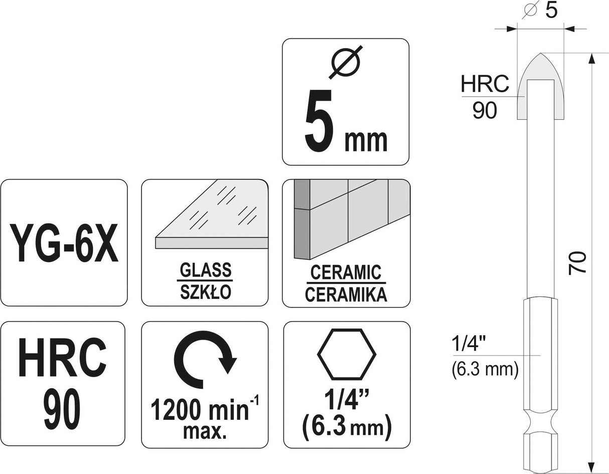 GLASS AND TILE DRILL WITH HEX SHANK 5MM (21702)