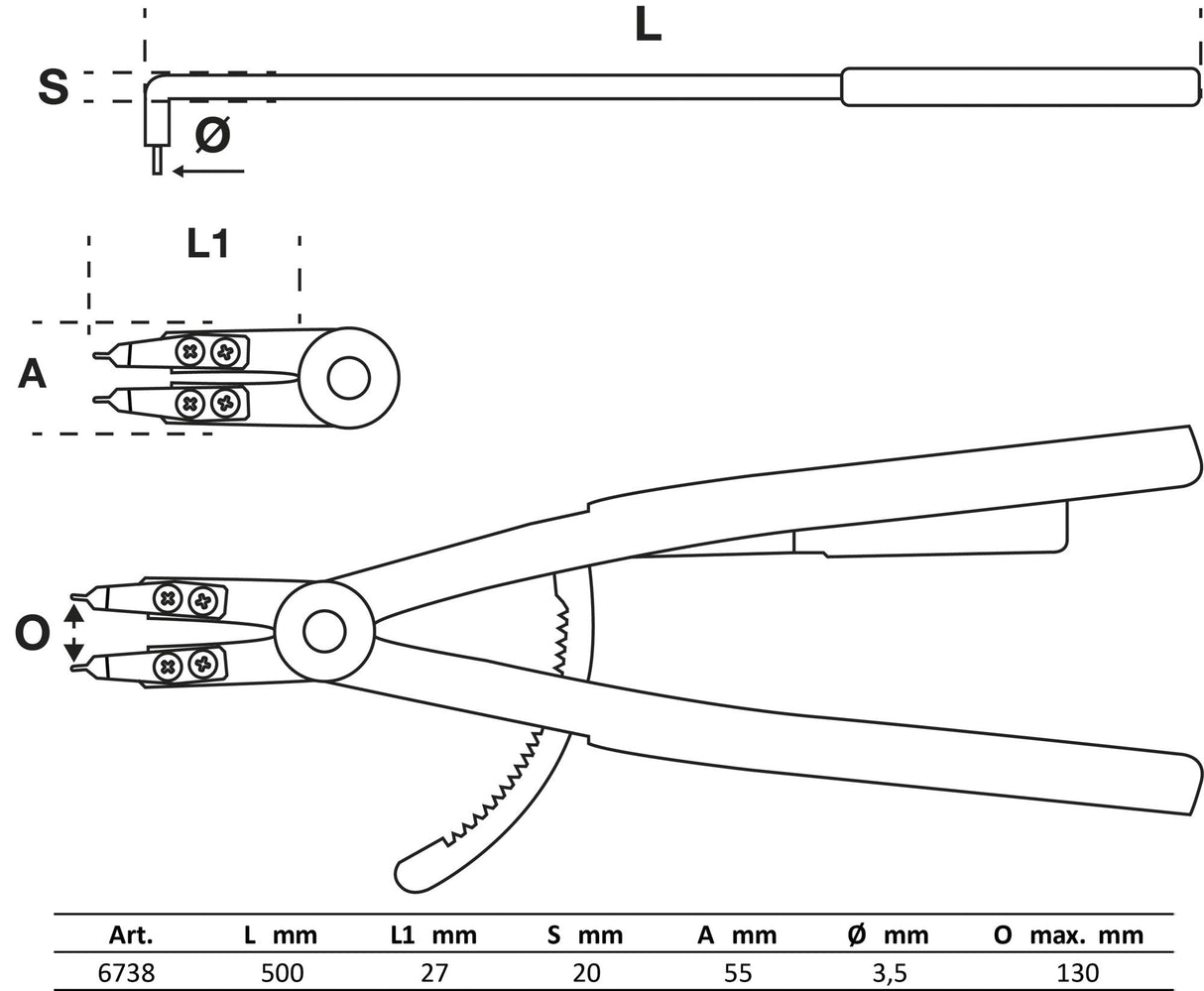 CIRCLIP PLIERS | ANGLED | FOR INSIDE CIRCLIPS | 500 MM (6738)