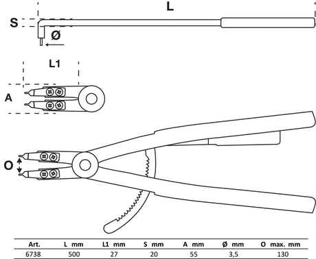 CIRCLIP PLIERS | ANGLED | FOR INSIDE CIRCLIPS | 500 MM (6738)