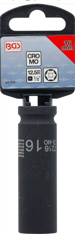 IMPACT SOCKET HEXAGON, DEEP | 12.5 MM (1/2") DRIVE | 16 MM (7216)