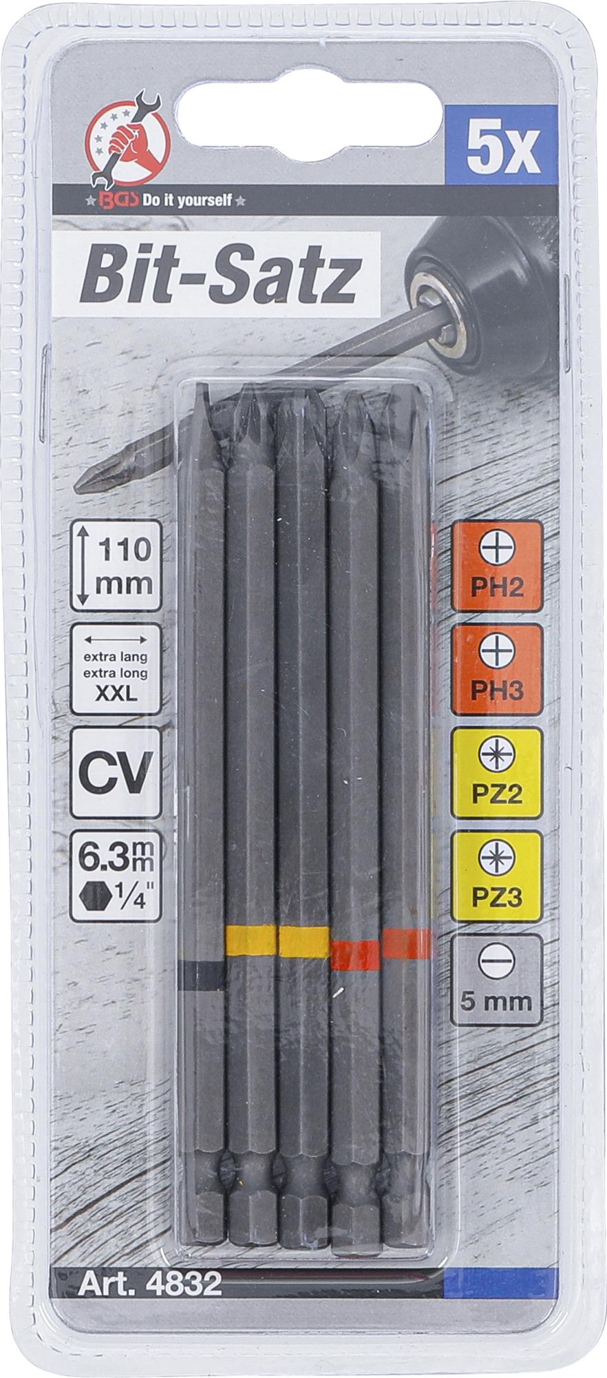 BIT-SET | 6.3 MM (1/4") DRIVE | CROSS SLOT PH, CROSS SLOT PZ, SLOT SL | LENGTH 110 MM | 5 PCS. (4832)