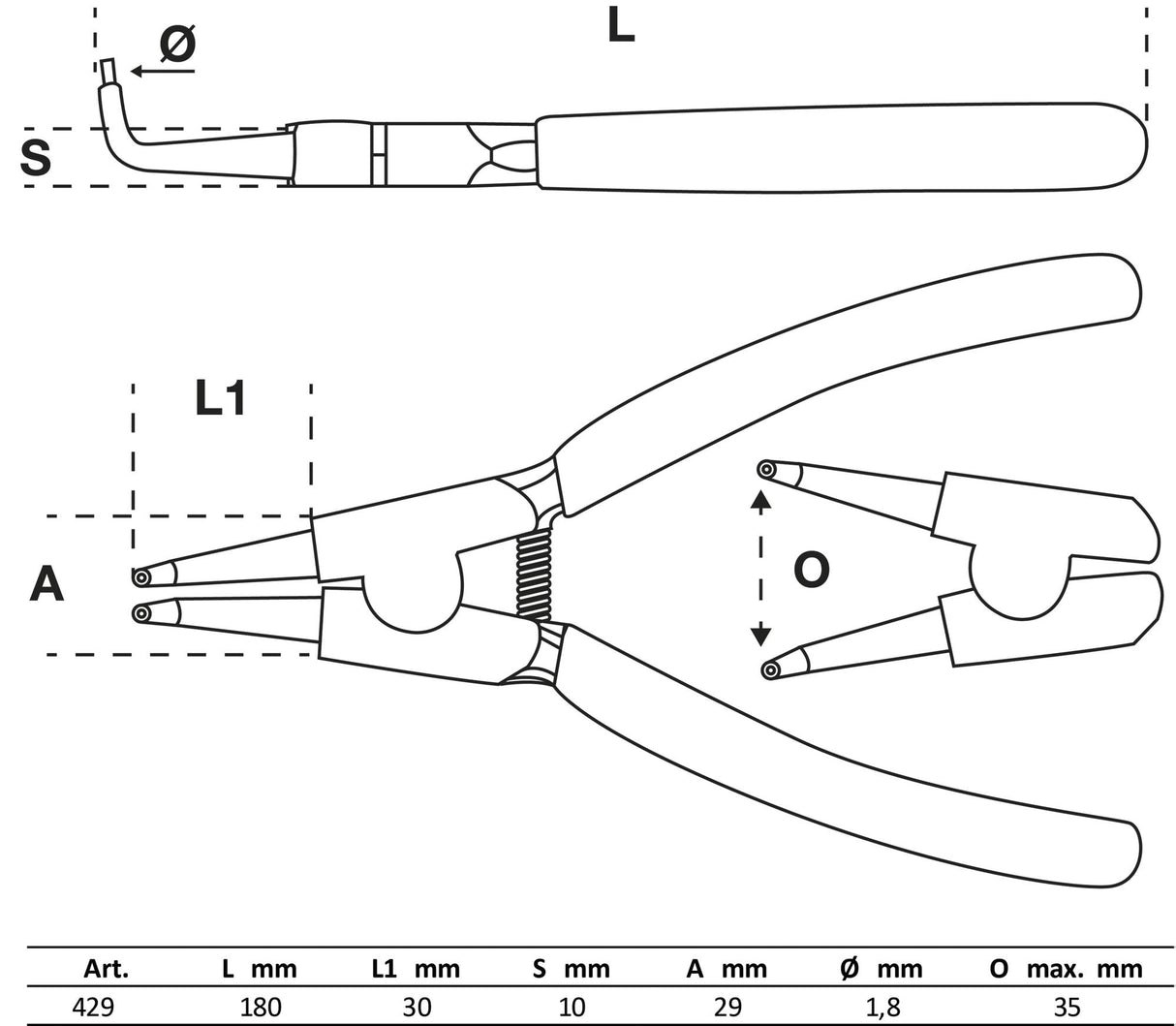 CIRCLIP PLIERS | ANGULAR | FOR OUTSIDE CIRCLIPS | 180 MM (429)