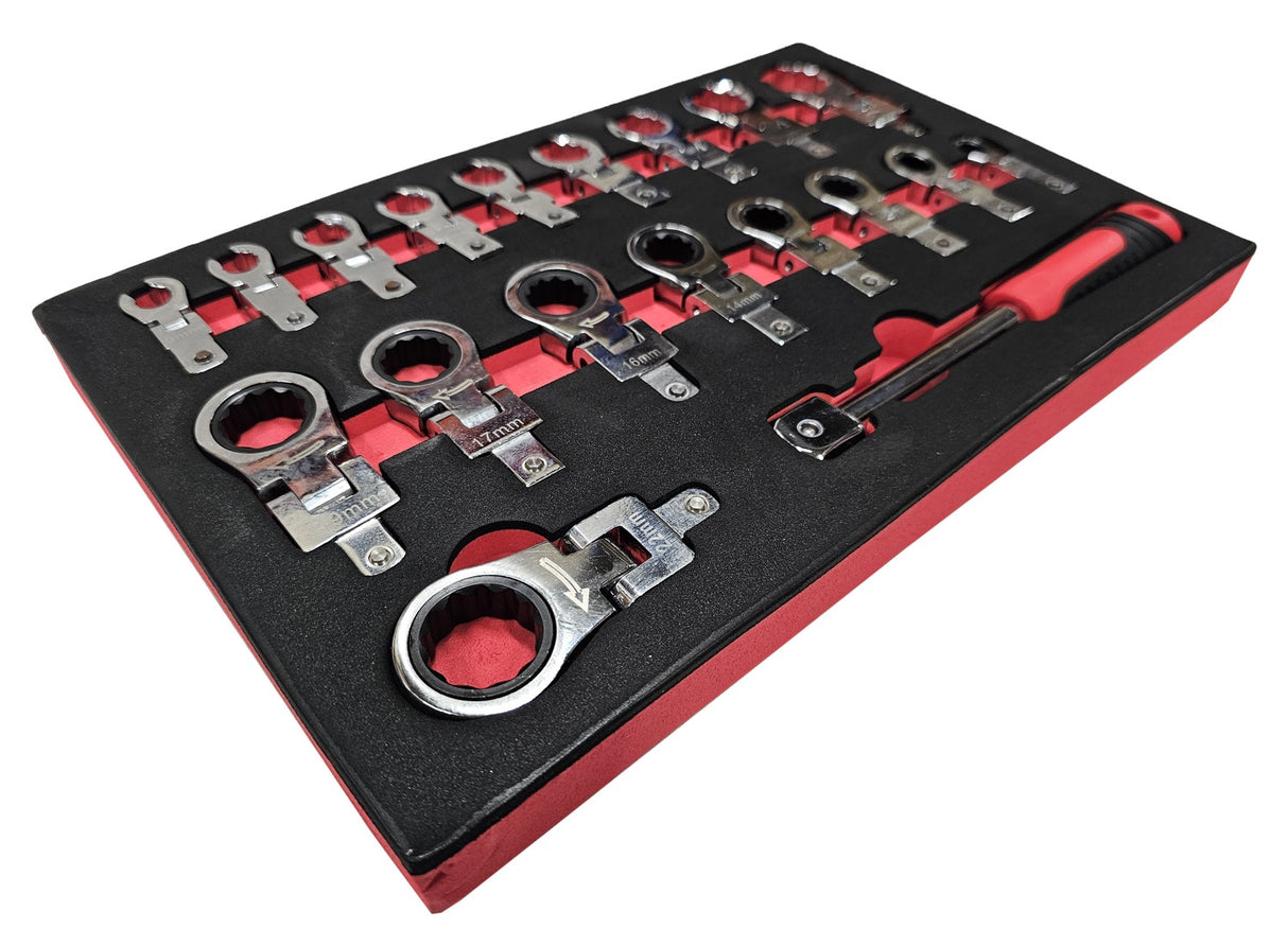 SET OF INSERTED WRENCHES | RATCHETING RING / OPEN FOR BRAKE HOSES | 8 - 22 MM | 19 PCS. (RWF19S)