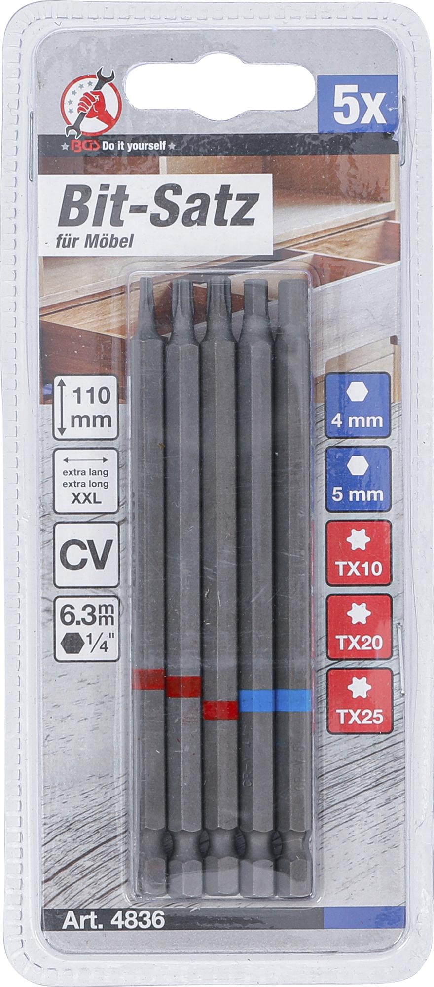 BIT-SET | 6.3 MM (1/4") DRIVE | INTERNAL HEXAGON, T-STAR (FOR TORX) | LENGTH 110 MM | 5 PCS. (4836)