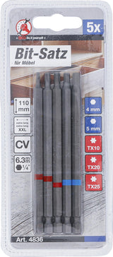 BIT-SET | 6.3 MM (1/4") DRIVE | INTERNAL HEXAGON, T-STAR (FOR TORX) | LENGTH 110 MM | 5 PCS. (4836)