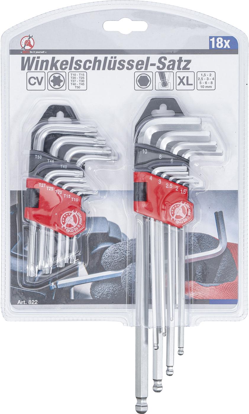 L-TYPE WRENCH SET | LONG | T-STAR (FOR TORX) T10 - T50 / INTERNAL HEXAGON 1.5 - 10 MM | 18 PCS. (822)