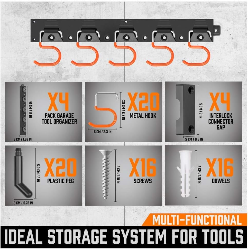 WALL-MOUNT TOOL HOLDERS (WITHOUT TOOLS) | 20 HOOKS | 4 PCS. X 40 CM | 160 CM (TH64)