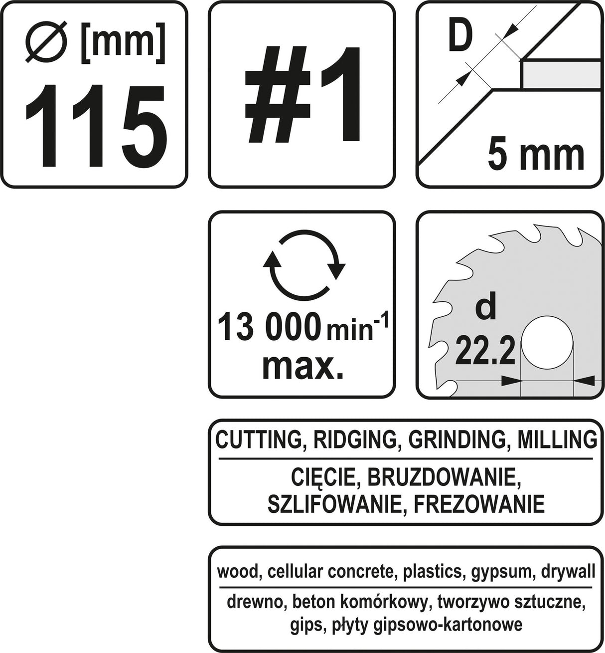 DISC/CUTTER FOR WOOD 115 MM, NO1 (YT-59173)