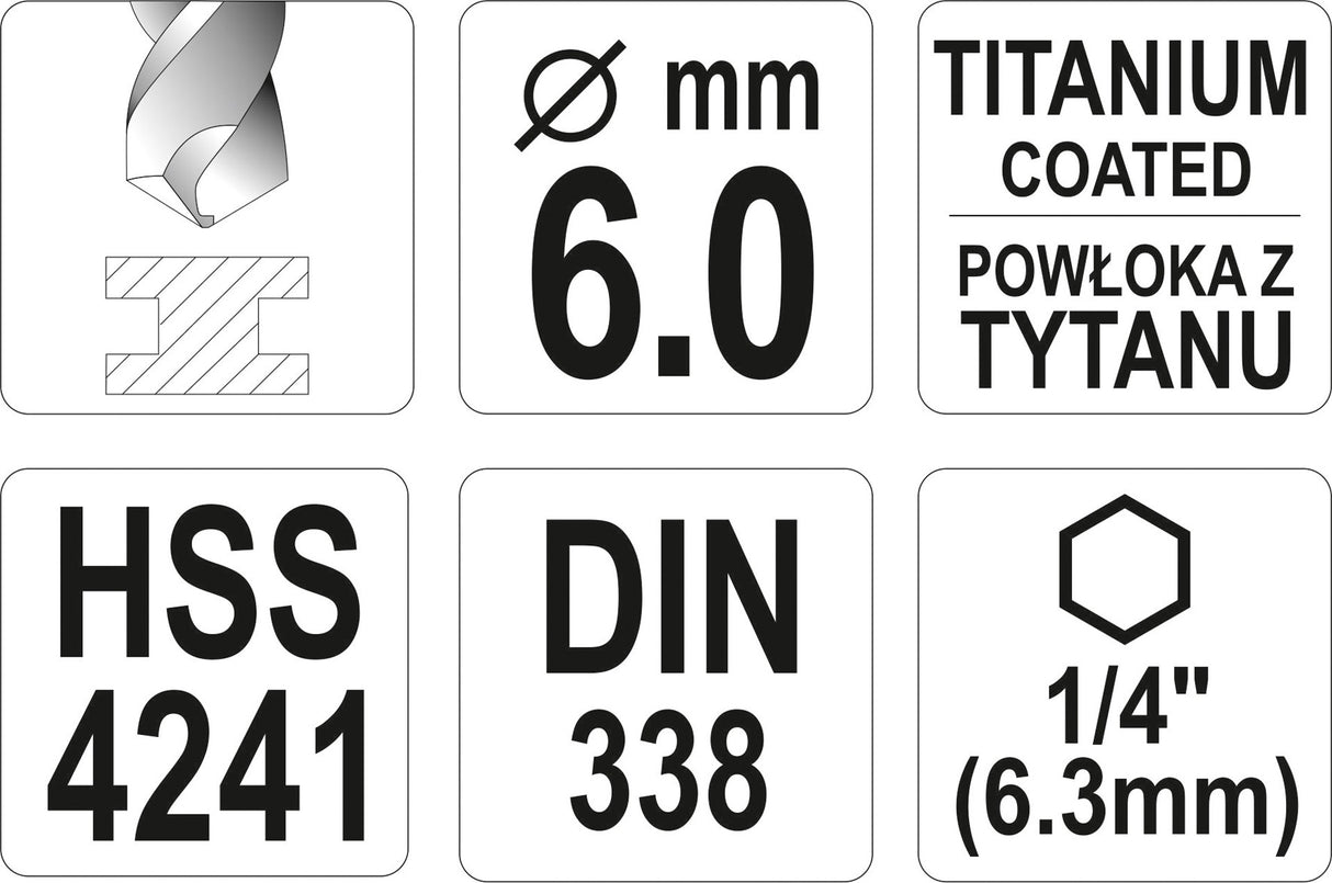 METAL DRILL WITH HEX SHANK 6,0MM TITAN (YT-44764)
