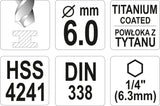 METAL DRILL WITH HEX SHANK 6,0MM TITAN (YT-44764)
