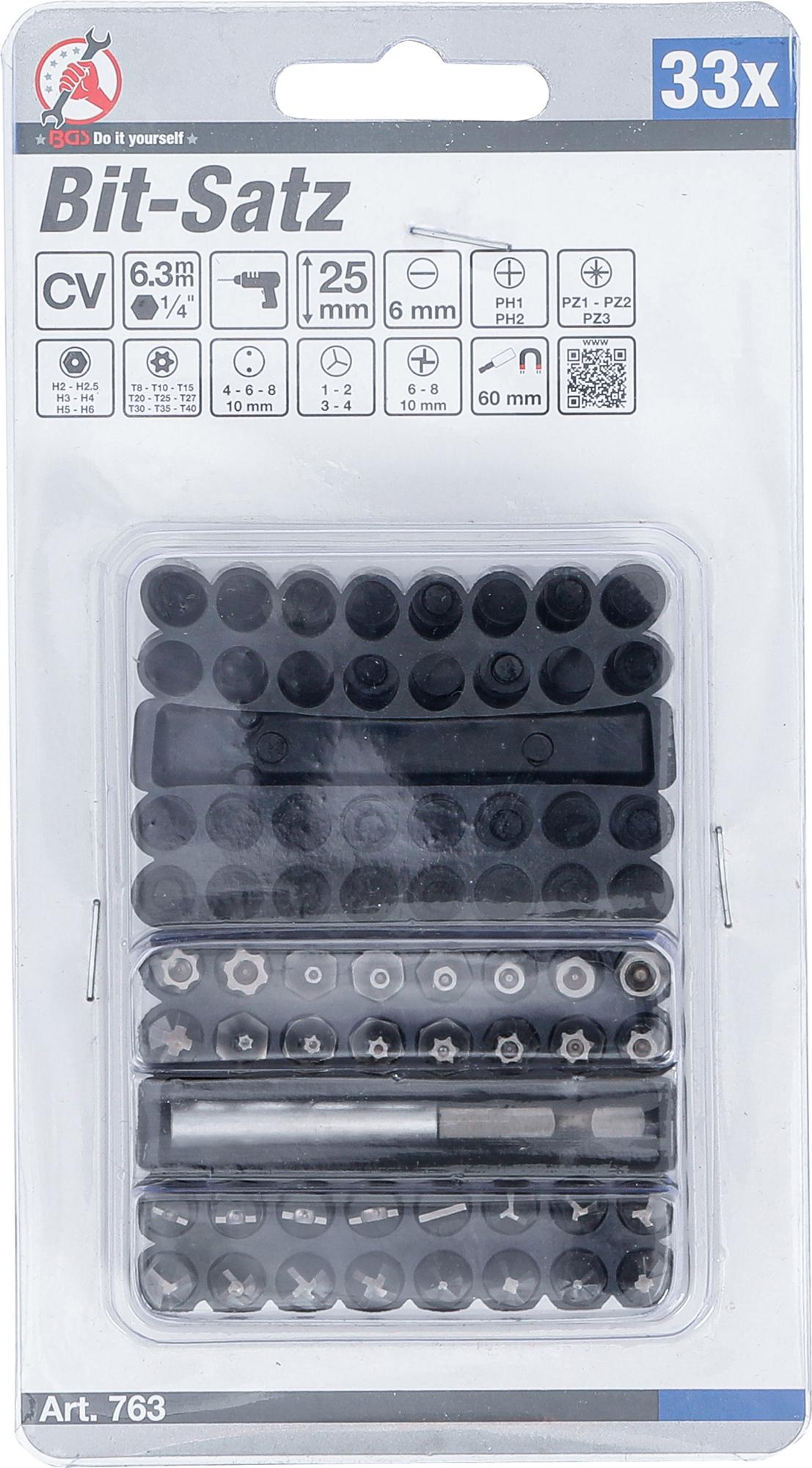 BIT SET | SHORT | 6.3 MM (1/4") DRIVE | VARIOUS TYPES | 33 PCS. (763)