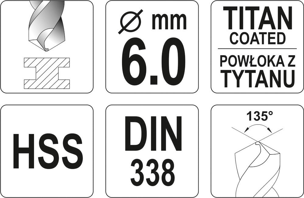 TWIST DRILL BIT HSS-TIN 6 MM (YT-44654)