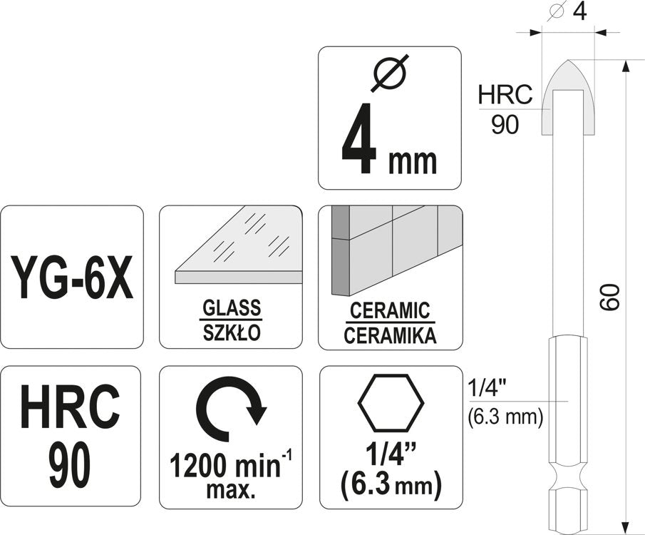 GLASS AND TILE DRILL WITH HEX SHANK 4MM (21701)