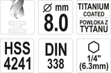 METAL DRILL WITH HEX SHANK 8,0MM TITAN (YT-44768)