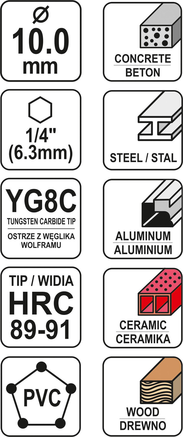 UNIVERSAL DRILL WITH HEX SHANK 10,0MM (YT-44786)
