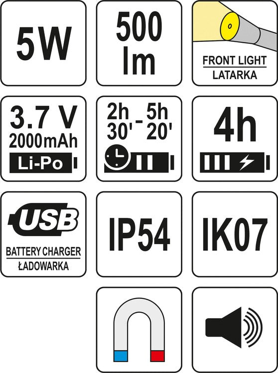 WORK LIGHT 500LM, 2000MAH, SPEAKER (YT-08557)