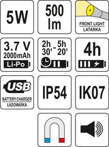 WORK LIGHT 500LM, 2000MAH, SPEAKER (YT-08557)